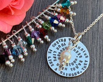 Sterling Silver Friendship Necklace: Quote Disc & Birthstone Charm
