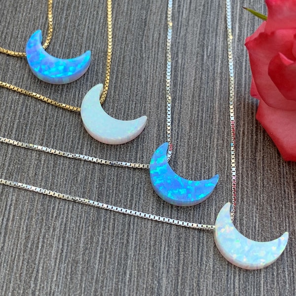 OPAL Moon Charm Necklace - Sterling Silver or 14kt Gold Filled -Great Gift- I love you to the moon and back-Ships out from USA!