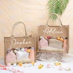 Personalized Name Burlap Tote Bag with Scarf, Beach Jute Bag, Monogram Beach Tote Bag, Bridesmaid Gift Bag, Bachelorette Party Bag, Wedding