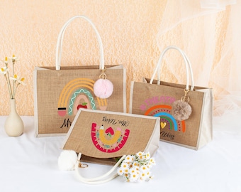 2025 Teacher Name Burlap Bag: Custom Linen with Cotton Handles & Charm, Gift For Teacher