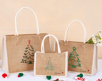 Personalized Burlap Christmas Gift Bag, Holiday Tree Design