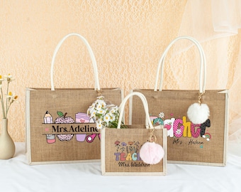 Personalized Teacher Burlap Tote Bag, Custom Name Appreciation Gift