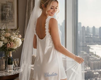 Personalized Bridal Slip Dress, Custom Embroidered Bride Getting Ready Outfit, Satin Wedding Morning Dress, Bridal Shower Gift