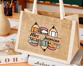 Personalized Teacher Tote Bag: Burlap Linen with Cotton Handles & Charm, Appreciation Gift