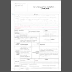 May include: A white document titled "SAFE WORK METHOD STATEMENT Confined Spaces" with text and tables. The document includes sections for procedures, risk assessment, and general information. The text is in black font.