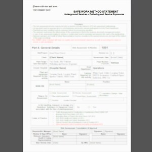 Puede incluir: Documento blanco titulado "SAFE WORK METHOD STATEMENT" con el subtítulo "Underground Services - Potholing and Service Exposures". El documento incluye secciones para detalles generales, firmas y otra información relevante.