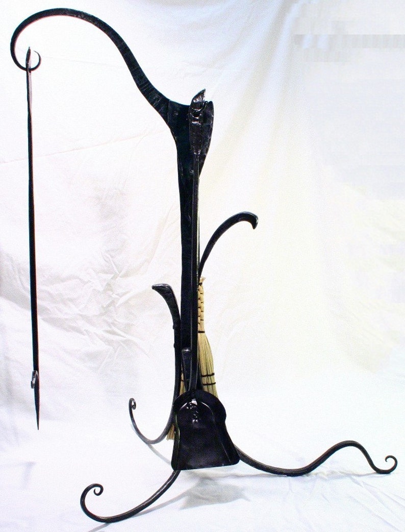 Hand wrought Art Nouveau fireplace tools. Great for larger fireplaces and outdoor firepits. Keep indoors when not in use.