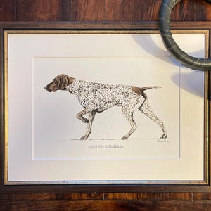 Può includere: Stampa ad acquerello incorniciata di un cane Deutsch Kurzhaar. Il cane è raffigurato di profilo, con la testa marrone e macchie sul corpo bianco. La stampa è in una cornice dorata, con le parole "DEUTSCH KURZHAAR" in basso.