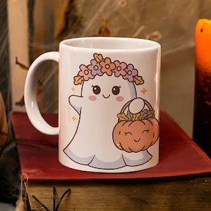 Cute Ghosts Pumpkin Ceramic Mug - Halloween Coffee Cup, Fall Decor, Gift for Ghost Lovers, Autumn Mug, Spooky Season Drinkware
