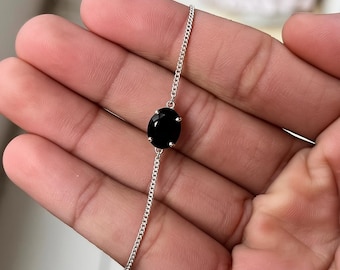Black Onyx Bracelet: Dainty Sterling Silver Chain Link Bracelet, 8 x 6mm