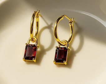 Gold Garnet Hoop Earrings • January Birthstone Huggies