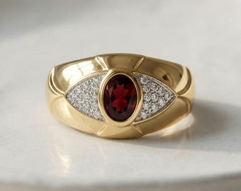 Anillo Ojo de Granate y Diamante / Anillo de Sello Chapado en Oro Amarillo de 18k