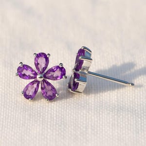 Amethyst Flower Studs | Dainty Silver Gemstone Stud | Floral Style Earring | February Birthstone Stud | Natural Amethyst Stud | Gift for her