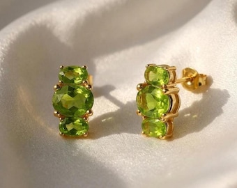 Peridot Stud Earrings, August Birthstone, Three-Stone Gold Gemstone Jewelry