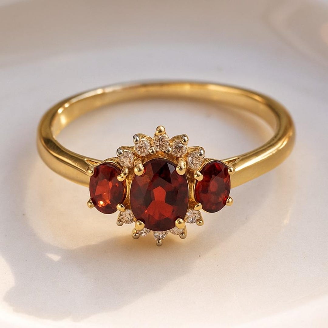 ガーネット ハロー CZ ダイヤモンド リング | 18K ゴールドメッキ