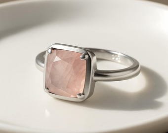 Sterling Silver Rose Quartz Ring • Square Gemstone, Bezel Setting