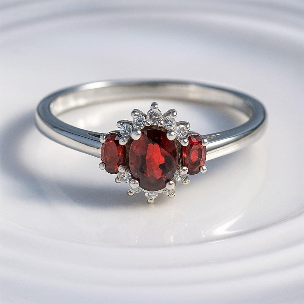 ガーネット ハロー CZ ダイヤモンド リング | 18K ゴールドメッキ