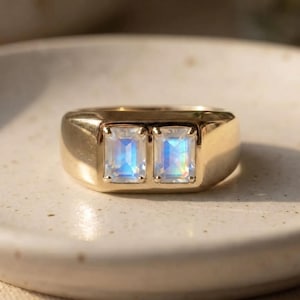 Natural Rainbow Moonstone Two Stone Ring, Gold Emerald Cut Moonstone Signet Ring, June Birthstone Gemstone Jewelry, Celestial Ring