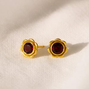 Sterling Silver Garnet Flower Studs: January Birthstone Earrings