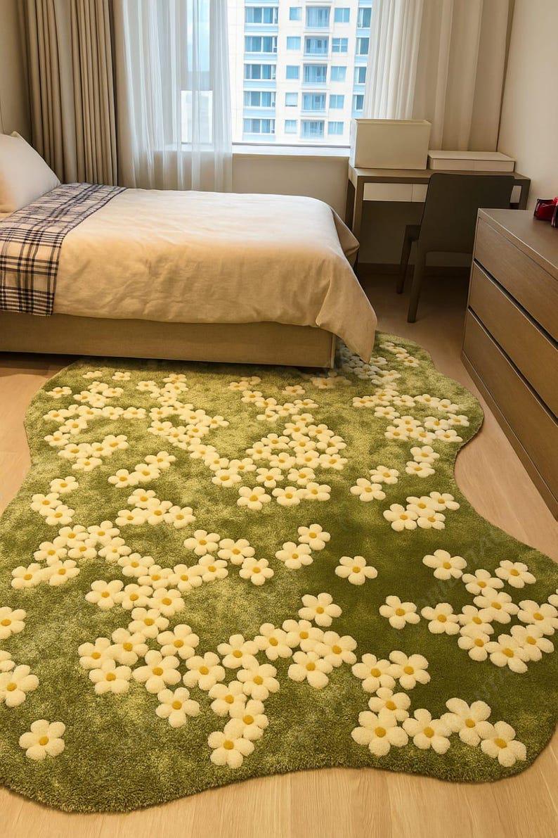 Hand Tufted Floral Rug | Green Daisy Flower Area Rug | Wool Tufted ...