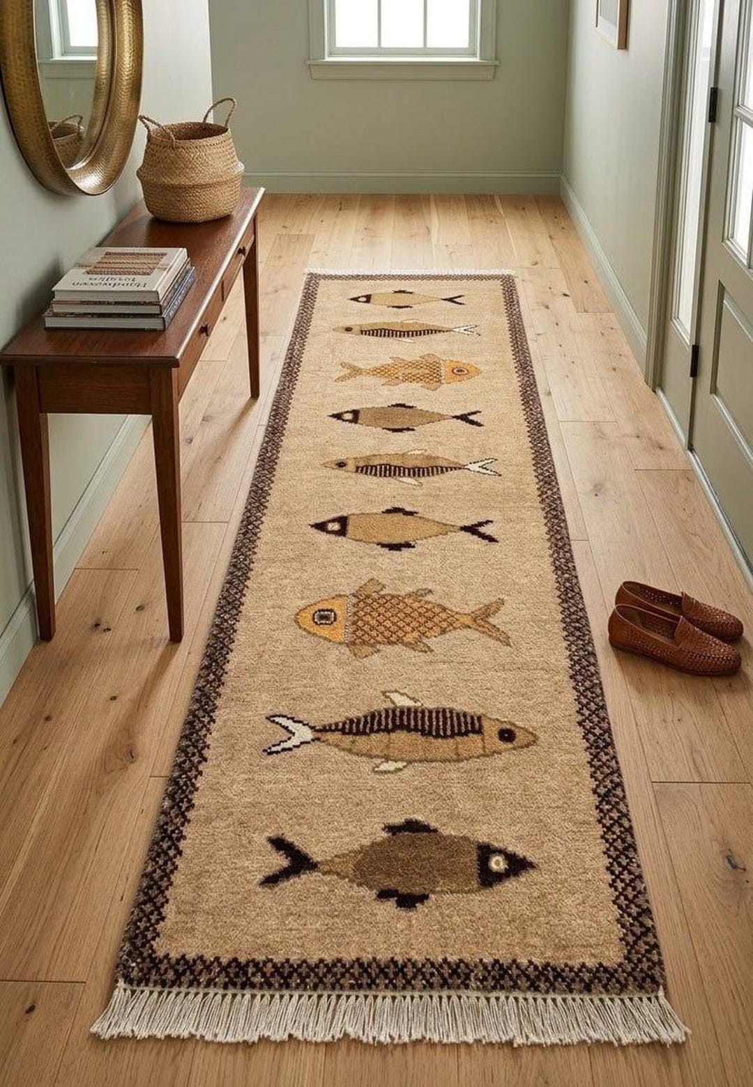 Beige Koi Fish Runner Rug, Wool Hallway Runner, Entryway Rug, Coastal ...