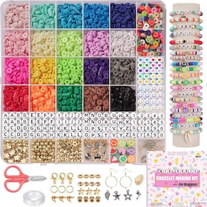 May include: A bracelet-making kit with a variety of colorful clay beads, letter beads, charms, and accessories. Includes a tray of beads in various colors, bracelets, scissors, and a spool of string. The kit is designed for beginners.