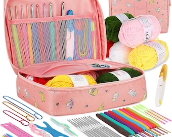 May include: A pink crochet kit with various tools and accessories. The kit includes crochet hooks, yarn, stitch markers, and a measuring tape. The kit is designed for crocheting and knitting projects. The kit is pink and has a cat pattern.
