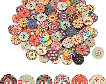 May include: A collection of colorful wooden buttons with various patterns and designs. The buttons feature floral, geometric, and abstract motifs in shades of red, blue, green, yellow, and purple. Each button has two or four holes for sewing.