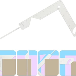 May include: A clear, right-angle ruler with measurements in inches and centimeters. The ruler has a sliding arm and a curved edge. The text on the ruler reads "12", "2cm", and "3.7mm". The image also shows the ruler in use.