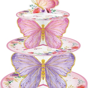 3 Tier Butterfly Cupcake Stand Butterfly Birthday Decorations Spring Cupcake Stand Holder Pink Purple Dessert Tower for Baby Shower Wedding