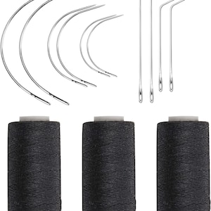 May include: A collection of sewing supplies, including curved needles, straight needles, and three spools of black thread. The needles are silver-colored, and the thread spools have white tops.