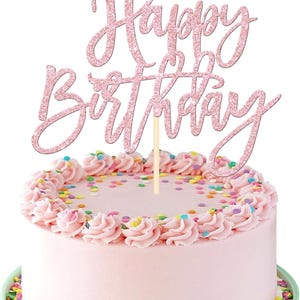 Happy Birthday Cake Topper, Pink Glitter Anniversary Party Decor