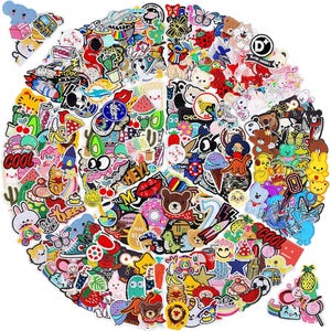 May include: A selection of colourful iron-on patches with diverse designs. The patches depict cartoon characters, food, and text. The patches are in various shapes and sizes, with a white border.