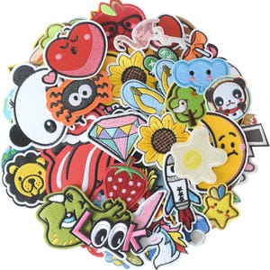 80Pcs Random Assorted Iron on Patches, Cute Sew on/Iron on Embroidered Applique Patches for Jackets, Hats, Backpacks, Jeans, DIY Accessories