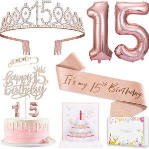 15th Birthday Decorations for Girls, 15th Birthday Sash and Crown, Pop Up Card, Cake Topper, Number Candles and Balloons, 15 Year Old