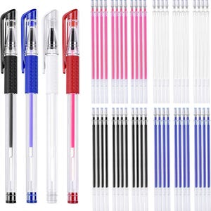 May include: A set of four retractable gel pens in black, blue, white, and red, accompanied by a collection of ink refills in pink, clear, black, and blue. The pens feature clear plastic barrels with coloured grips and matching pocket clips.