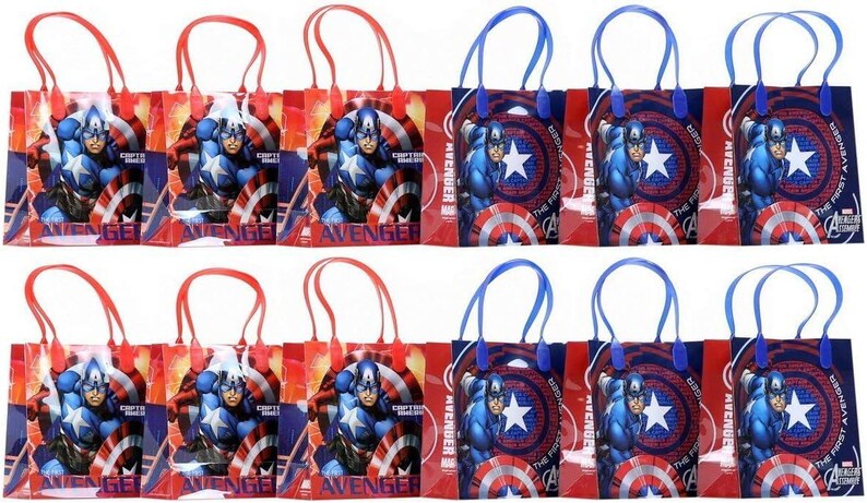 May include: A collection of Captain America-themed gift bags. Each bag features a vibrant image of Captain America, a white star, and a shield design. The bags have red or blue handles and are ideal for party favors.
