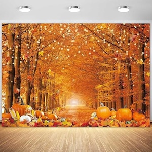May include: A seasonal backdrop depicting an autumnal forest scene. The image shows a pathway lined with trees displaying orange and yellow foliage. Pumpkins and gourds are arranged at the base. Fairy lights are strung through the trees, creating a warm atmosphere.