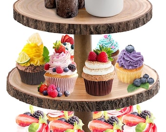 May include: A three-tiered wooden serving stand with cupcakes and decorations. The top tier has candles and a succulent plant. The middle and bottom tiers display cupcakes with toppings like berries and cream. The stand has a rustic, natural aesthetic, with each tier made of wood.