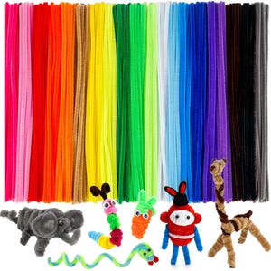 May include: A collection of colorful pipe cleaners in various shades, including pink, red, orange, yellow, green, blue, purple, brown, and gray. Several handmade creatures are crafted from pipe cleaners, such as an elephant, a worm, a carrot, a robot, a snake, and a giraffe.