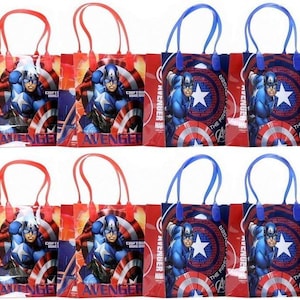 May include: A collection of Captain America-themed gift bags. Each bag features a vibrant image of Captain America, a white star, and a shield design. The bags have red or blue handles and are ideal for party favors.