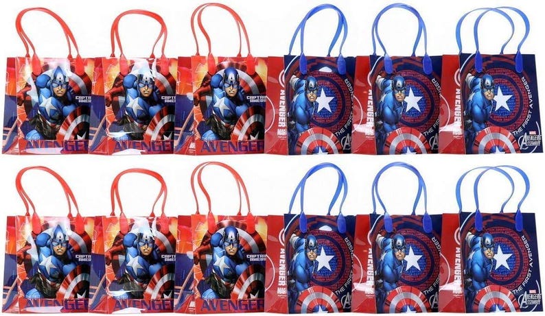 May include: A collection of Captain America-themed gift bags. Each bag features a vibrant image of Captain America, a white star, and a shield design. The bags have red or blue handles and are ideal for party favors.