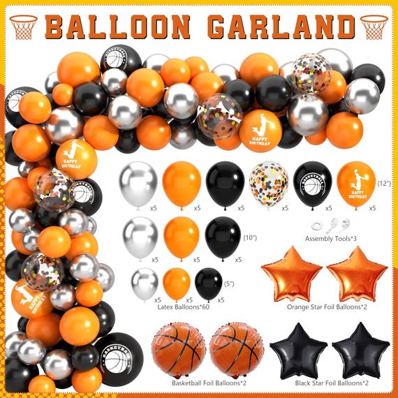 Kit Déco Fête Basket-ball – Bannière Happy Birthday, 4 Ballons Aluminium, Décos Gâteau, Ballons Latex – Hegbolke