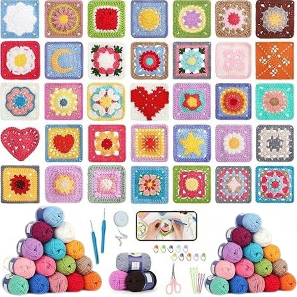 Granny Square Crochet Kit for Beginners, 50 Patterns, Step-by-Step Video