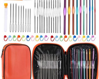 May include: A complete crochet and knitting set, featuring a variety of colorful crochet hooks, metal needles, stitch markers, and an orange zippered case. Includes a pair of green and orange scissors.