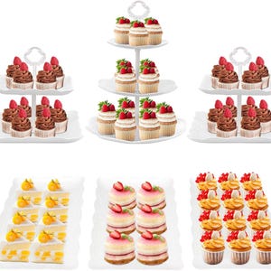 Juego de 6 soportes para cupcakes, de plástico blanco, para tartas, postres, 3 y 2 niveles, para torre de cupcakes, expositor de dulces y galletas.