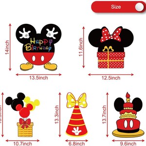 May include: Set of five Mickey Mouse-themed birthday decorations. Includes a Mickey Mouse head with "Happy Birthday" text, a Minnie Mouse head with a gift, balloons, a party hat, and a cake. Sizes range from 10.7 to 13.5 inches wide and 11.6 to 14 inches tall.