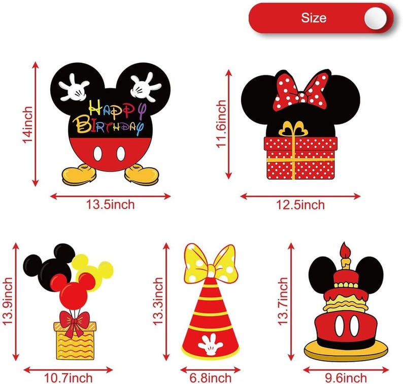 May include: Set of five Mickey Mouse-themed birthday decorations. Includes a Mickey Mouse head with "Happy Birthday" text, a Minnie Mouse head with a gift, balloons, a party hat, and a cake. Sizes range from 10.7 to 13.5 inches wide and 11.6 to 14 inches tall.