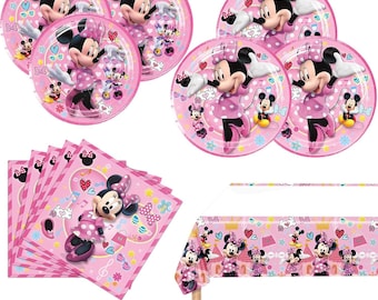 Artículos para fiesta de cumpleaños de Minnie Mouse: platos, servilletas, mantel.