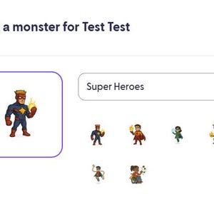 Może przedstawiać: Interfejs cyfrowy z tekstem "Wybierz potwora dla Test Test". Interfejs wyświetla postać superbohatera z płomieniem w dłoni oraz rozwijane menu z napisem "Superbohaterowie" z innymi opcjami postaci.